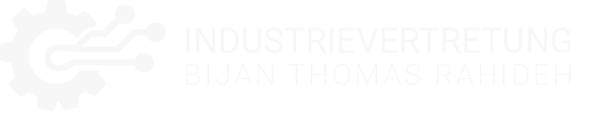 Logo von Industrievertretung Bijan Thomas Rahideh mit einem weißen Zahnrad, kombiniert mit stilisierten Leiterbahnen, auf drunkelblauem Hintergrund.