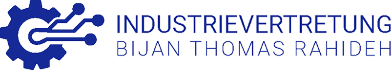 Logo von Industrievertretung Bijan Thomas Rahideh mit einem blauen Zahnrad, kombiniert mit stilisierten Leiterbahnen, auf hellgrauem Hintergrund.
