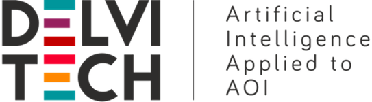 Logo von Delvitech in bunten Buchstaben (Schwarz, Rot, Teal) mit dem Zusatz Artificial Intelligence Applied to AOI in grauer Schrift.